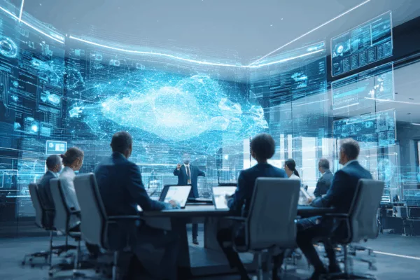 Réunion d'équipe avec projection holographique data 3D