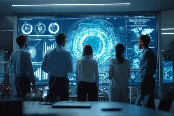 Équipe analysant des données sur des serveurs informatiques