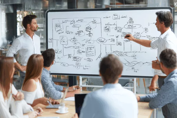 Réunion stratégique devant un tableau blanc rempli de schémas