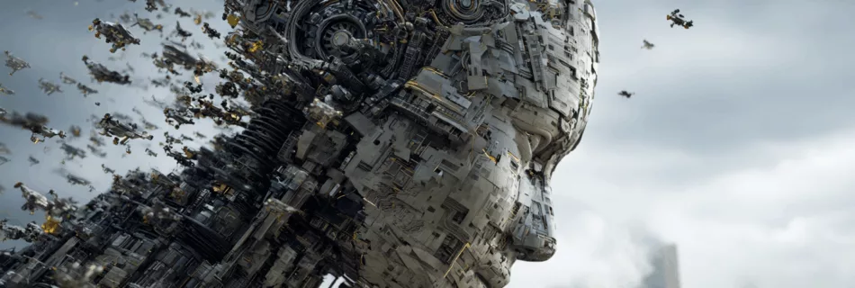 Visage de robot se décomposant en particules de données