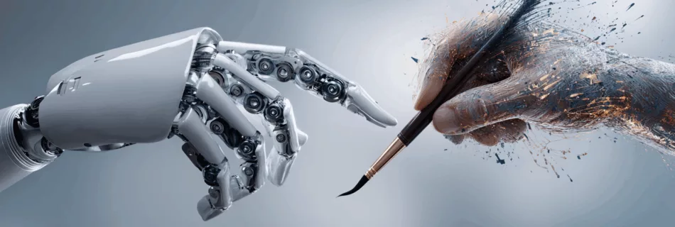 Main humaine et main de robot peignant ensemble - IA créative