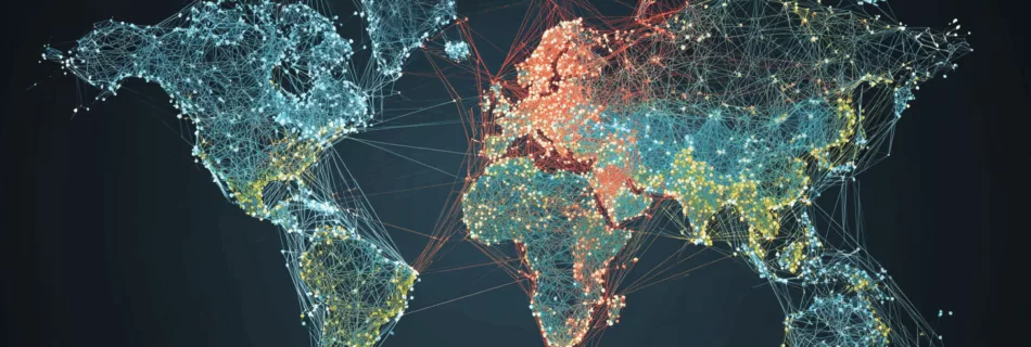 Carte du monde connectée avec noeuds de communication