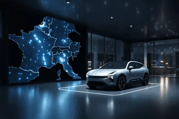 Showroom automobile avec carte du monde numérique