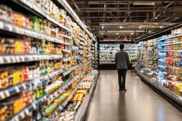 Client faisant des courses dans un rayon de supermarché