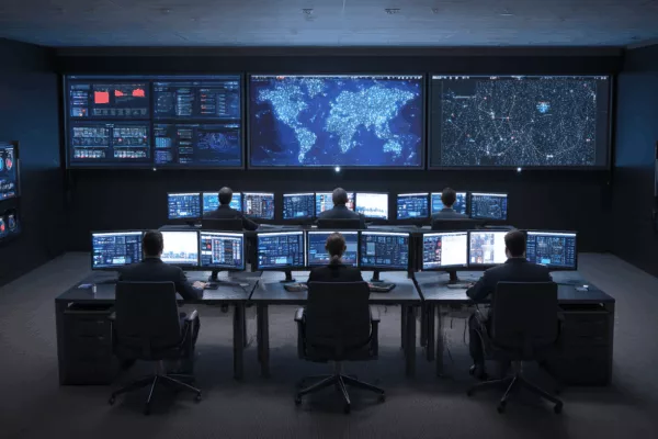 Centre de contrôle data et réseaux avec écrans géants