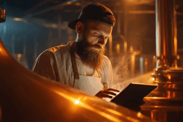 Chef cuisinier utilisant une tablette dans sa cuisine