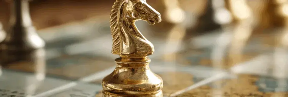 Cavalier d'échecs en or sur échiquier - stratégie marketing de luxe
