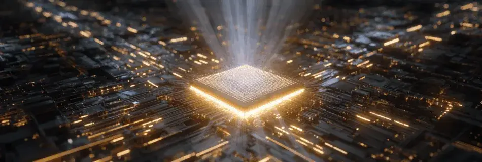 Microprocesseur CPU avec circuits dorés - puissance de l'IA