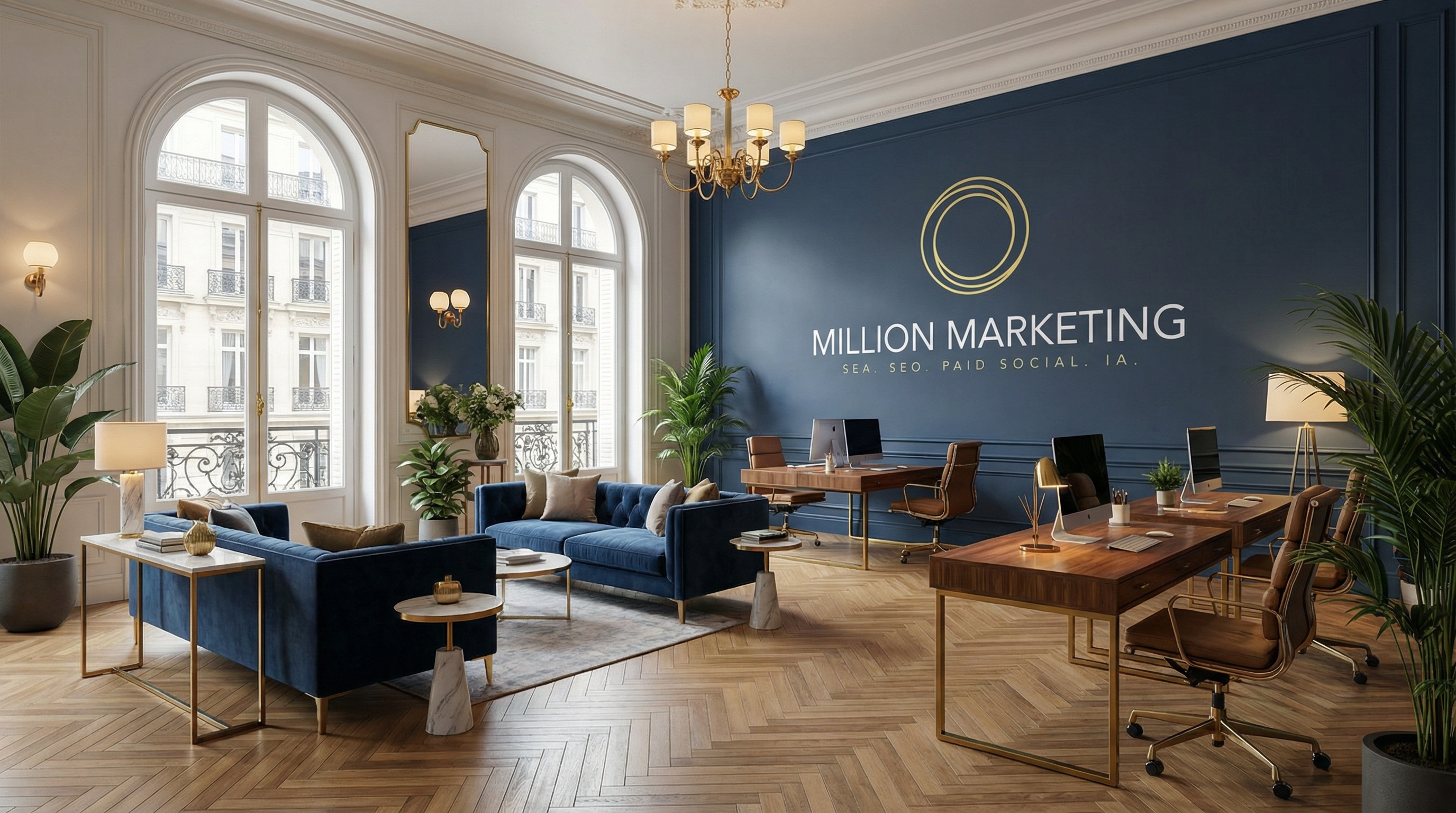 Design intérieur bureau moderne avec logo Million Marketing