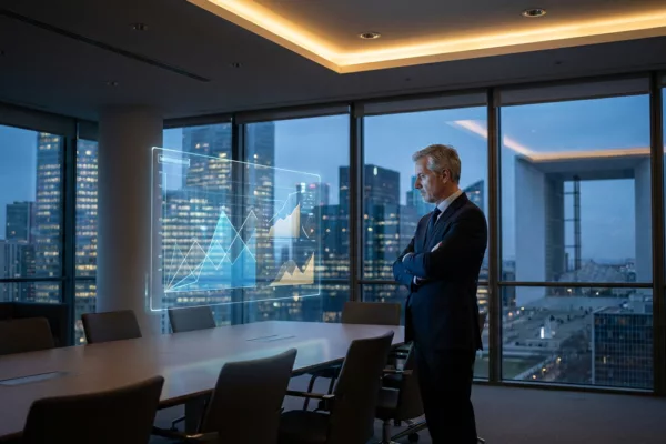 Consultant marketing regardant la skyline depuis un bureau moderne