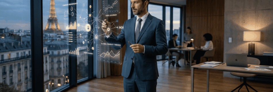 Un homme d'affaires en costume interagit avec une interface holographique de données marketing complexes dans un bureau moderne de Paris, avec la Tour Eiffel illuminée visible par la fenêtre au crépuscule. L'hologramme montre des graphiques de performance et des tendances du marché.