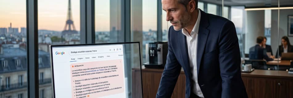 Photographie hyper-réaliste d'un homme d'affaires concentré, en costume bleu marine, examinant un grand moniteur dans un bureau de direction parisien élégant avec vue sur la Tour Eiffel. L'écran affiche une page de résultats de recherche Google avec le titre 'Stratégie acquisition corporate France' et un module 'AI Overview' (Aperçu par IA) détaillé en français, analysant l'impact du déploiement de l'IA sur le SEO corporate en France.