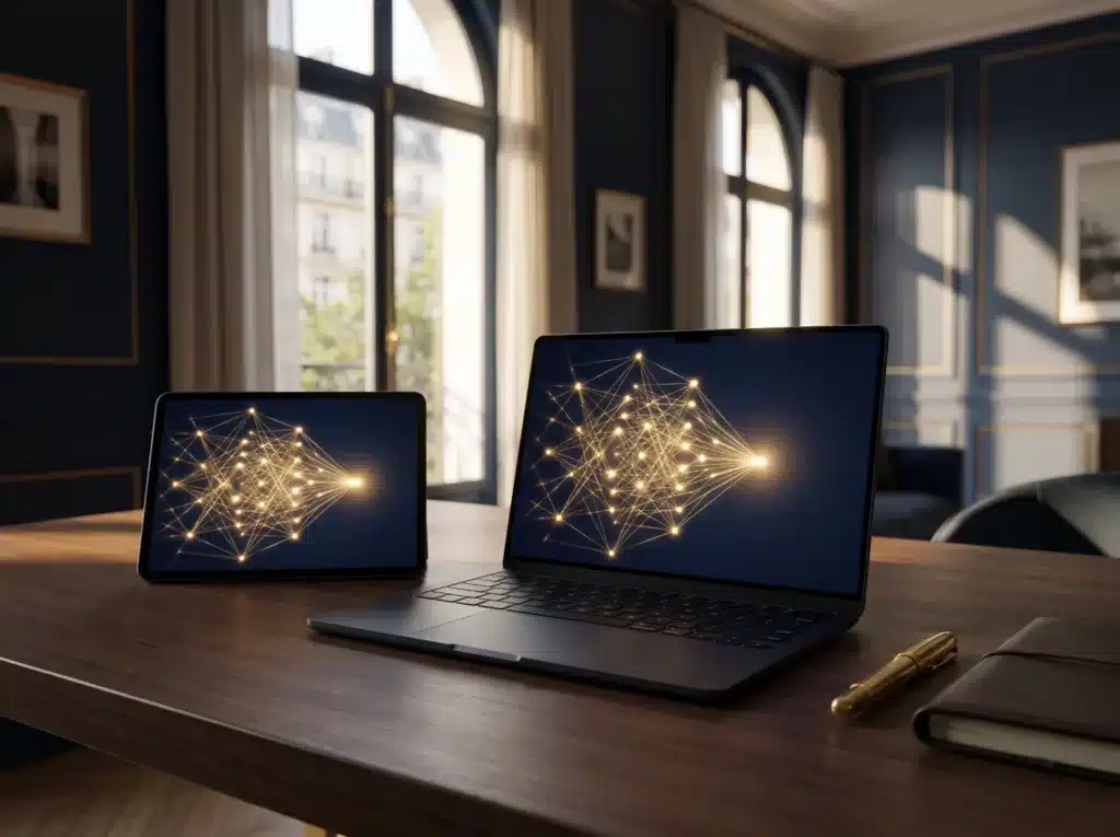Screens showing a glowing network symbolising visibility in AI answer engines