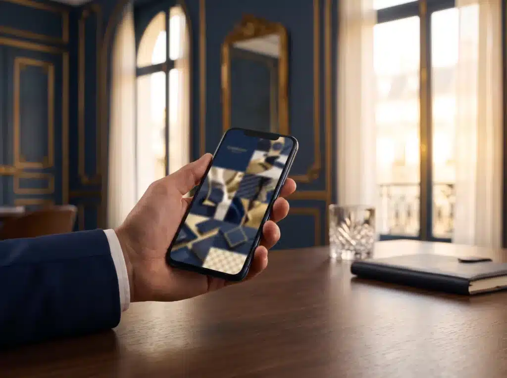 Hand holding a smartphone showing a premium social ads feed
