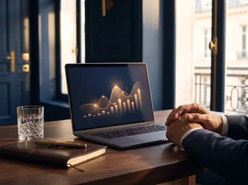 SEA strategist in front of a performance dashboard, Haussmann-style office in Paris