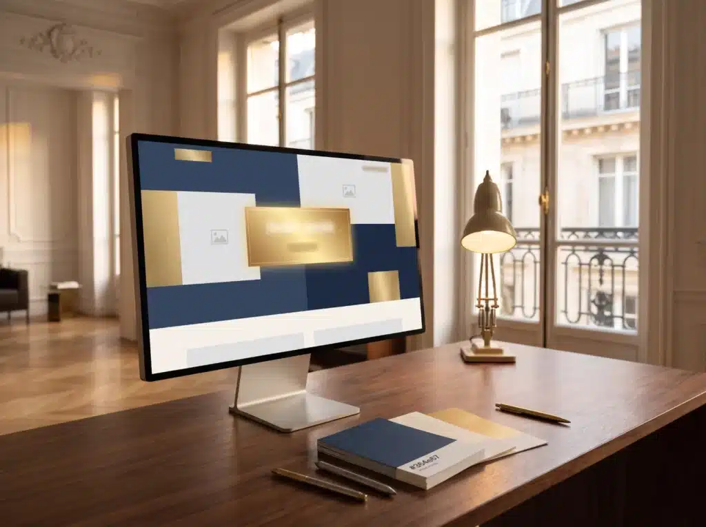 Web design workstation with a website mock-up and navy and gold swatches
