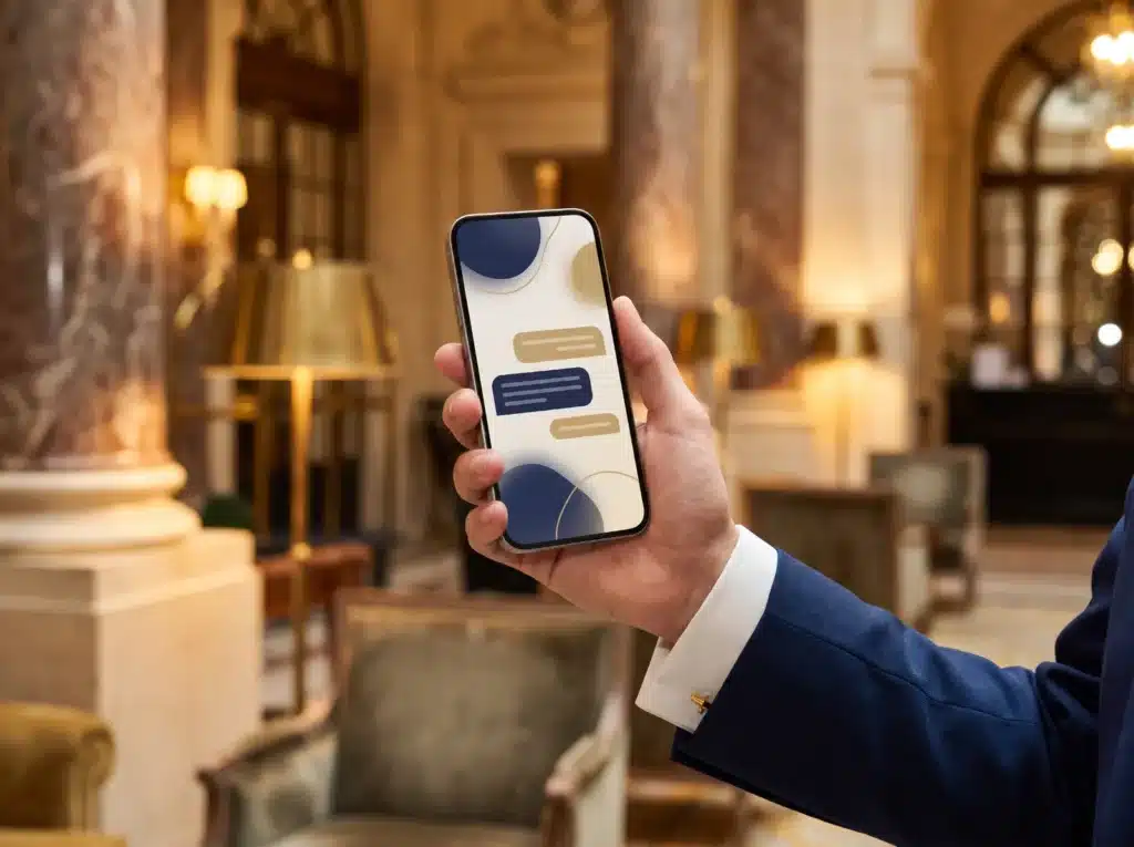 Smartphone showing a conversation with an AI agent in a luxury hotel lobby