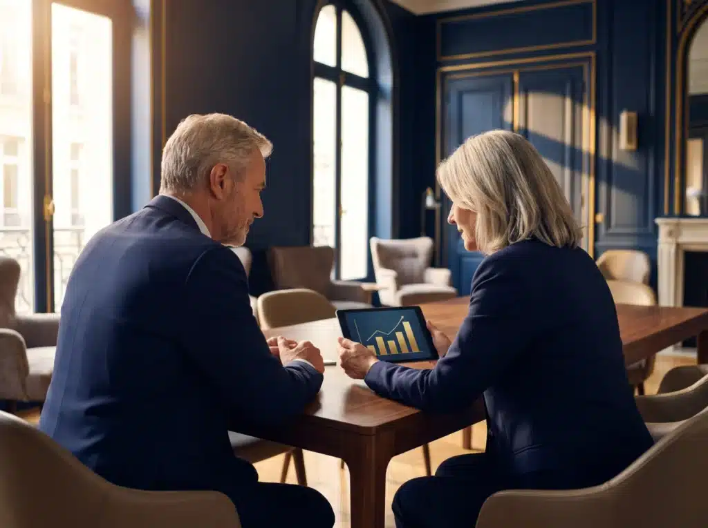 Two executives reviewing campaign growth on a tablet