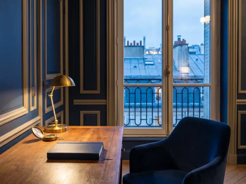 Bureau haussmannien à Paris à l’heure bleue, lampe en laiton et boussole sur un bureau en noyer