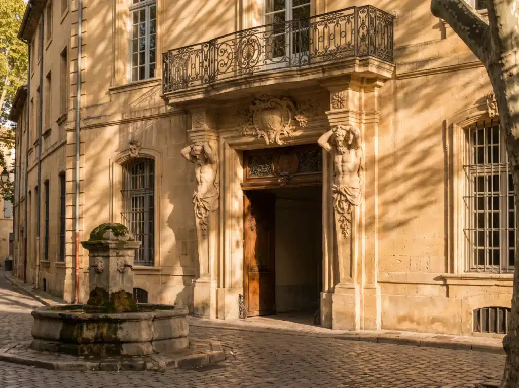 Portail sculpté d'un hôtel particulier du quartier Mazarin à Aix-en-Provence, avec sa fontaine