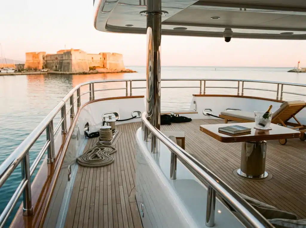 Pont arrière en teck d'un superyacht à Port Vauban, Fort Carré d'Antibes en arrière-plan