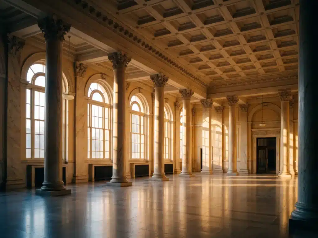 Grand hall bancaire classique à colonnes de marbre baigné de lumière dorée
