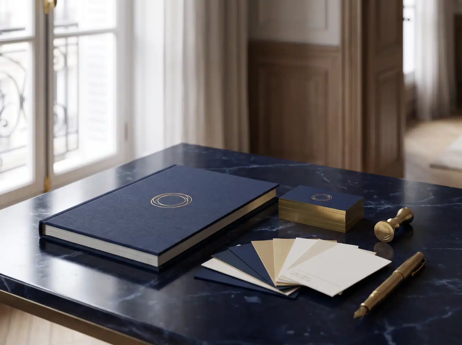 Charte de marque bleu nuit et or, cartes de visite et nuancier — identité de marque