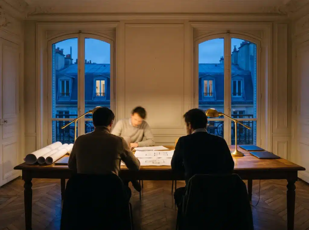 Équipe senior de Million Marketing au travail en fin de journée dans un bureau haussmannien à Paris