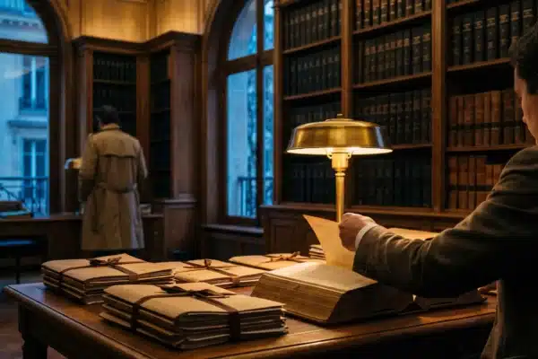Bibliothèque d’un cabinet d’avocats parisien au crépuscule, dossiers rubanés et lampe en laiton