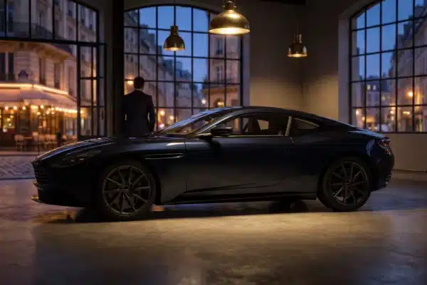Showroom automobile parisien la nuit, coupé bleu nuit sous un éclairage chaud