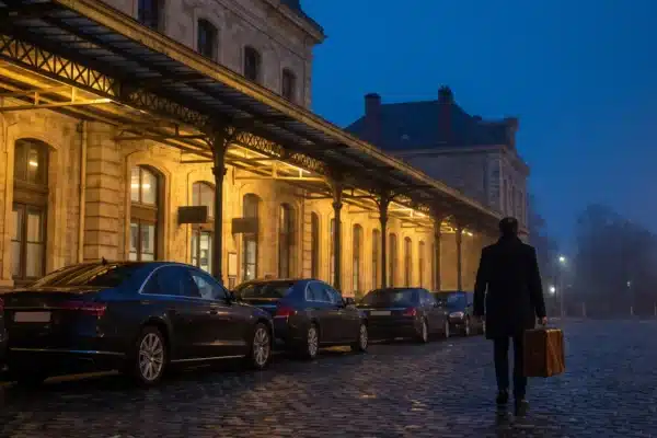 Retour de véhicules de location devant une gare française à l’heure bleue, voyageur de dos avec sa valise