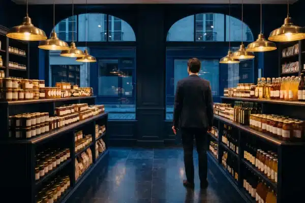 Épicerie fine française après la fermeture, étagères de bocaux et suspensions en laiton