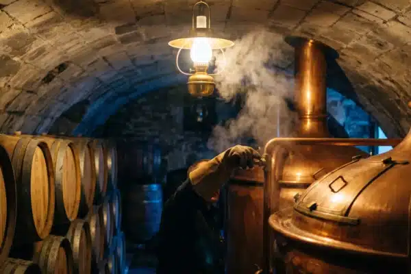 Cave de brasserie voûtée la nuit, cuves en cuivre, fûts de chêne et main gantée réglant une vanne