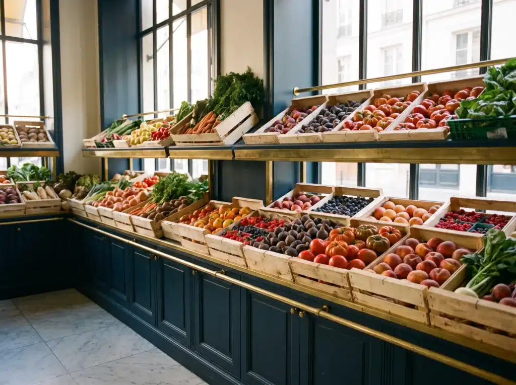 Étal de fruits et légumes de saison dans une épicerie fine parisienne