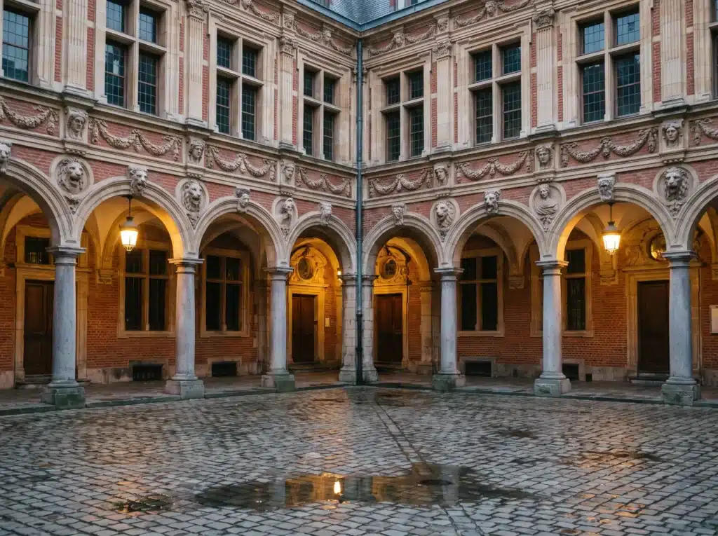 Cour intérieure de la Vieille Bourse de Lille et ses arcades Renaissance flamande à l'heure bleue