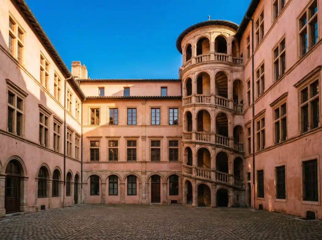 Cour Renaissance du Vieux-Lyon et sa tour d'escalier à galeries au soleil couchant