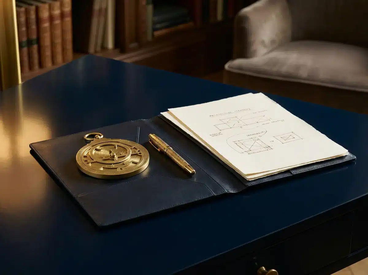 Brass astrolabe and gold fountain pen on a navy leather portfolio with sketched strategy diagrams