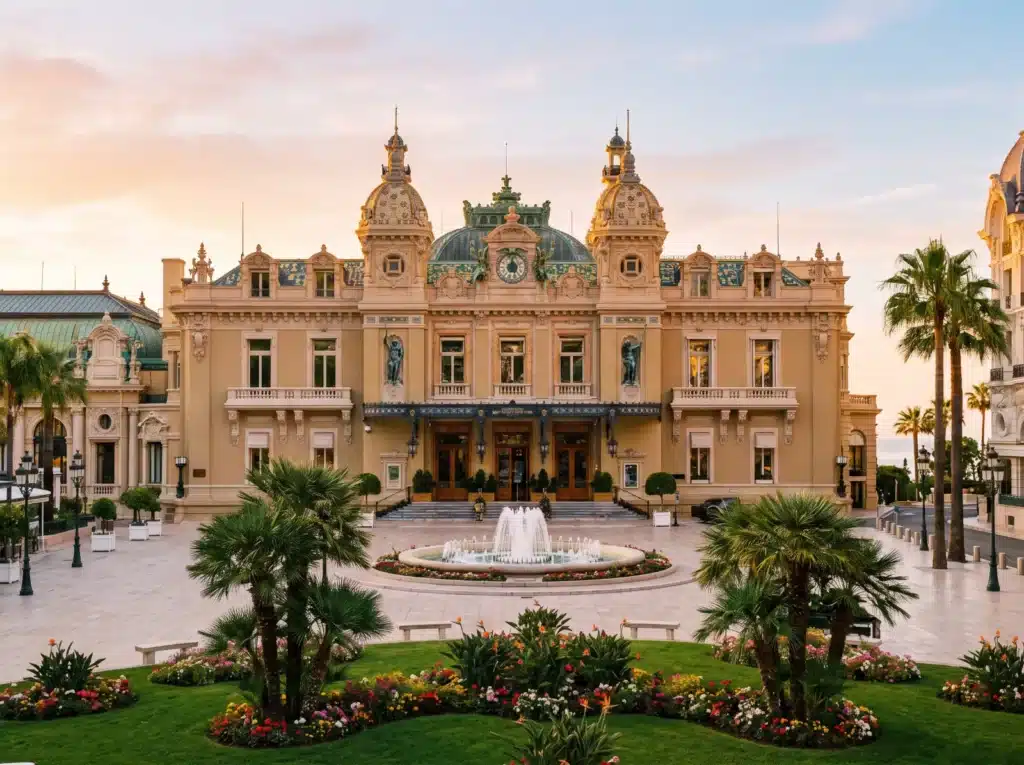 Façade Belle Époque et jardins du Casino de Monte-Carlo à Monaco au soleil couchant
