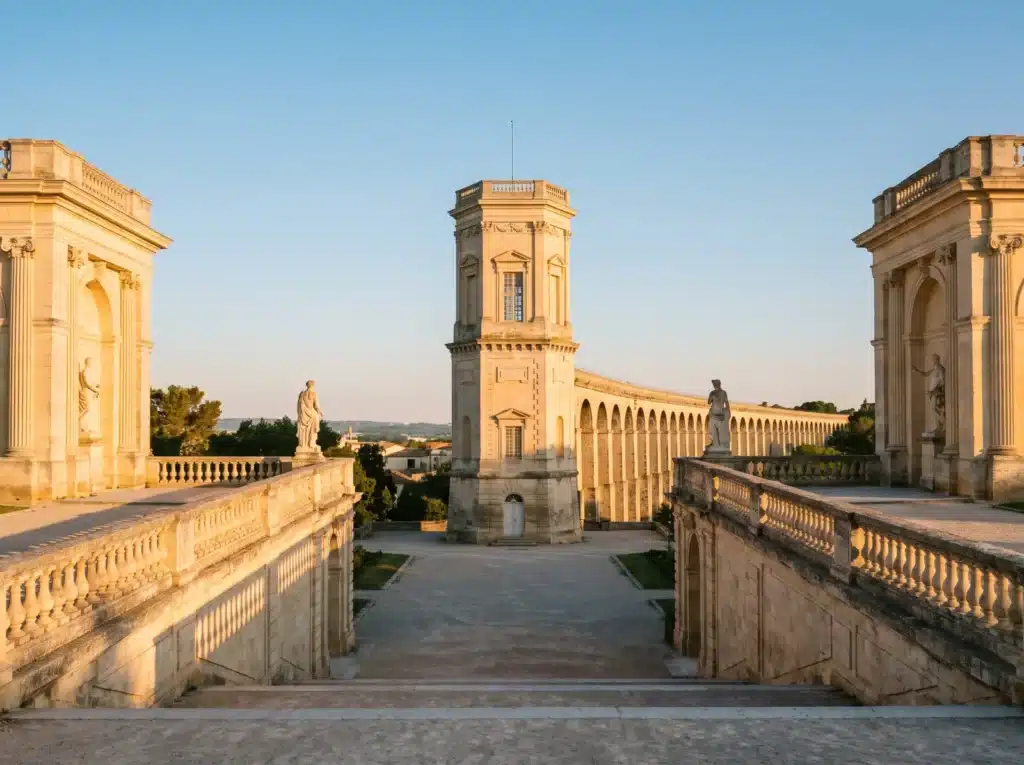 Promenade du Peyrou et arches de l'aqueduc Saint-Clément à Montpellier au soleil couchant