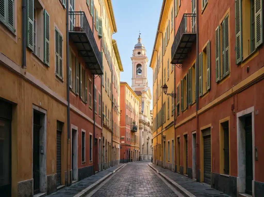 Ruelle du Vieux-Nice aux façades ocre et volets verts, clocher baroque au loin