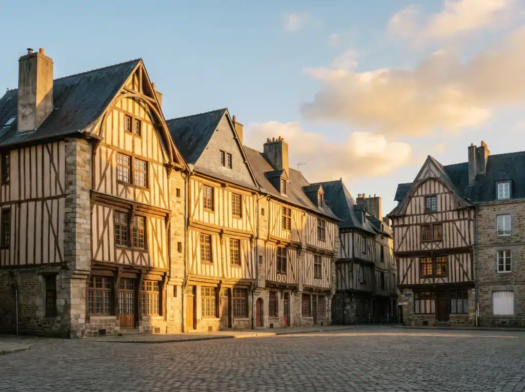 Maisons à pans de bois de la place des Lices à Rennes au soleil couchant
