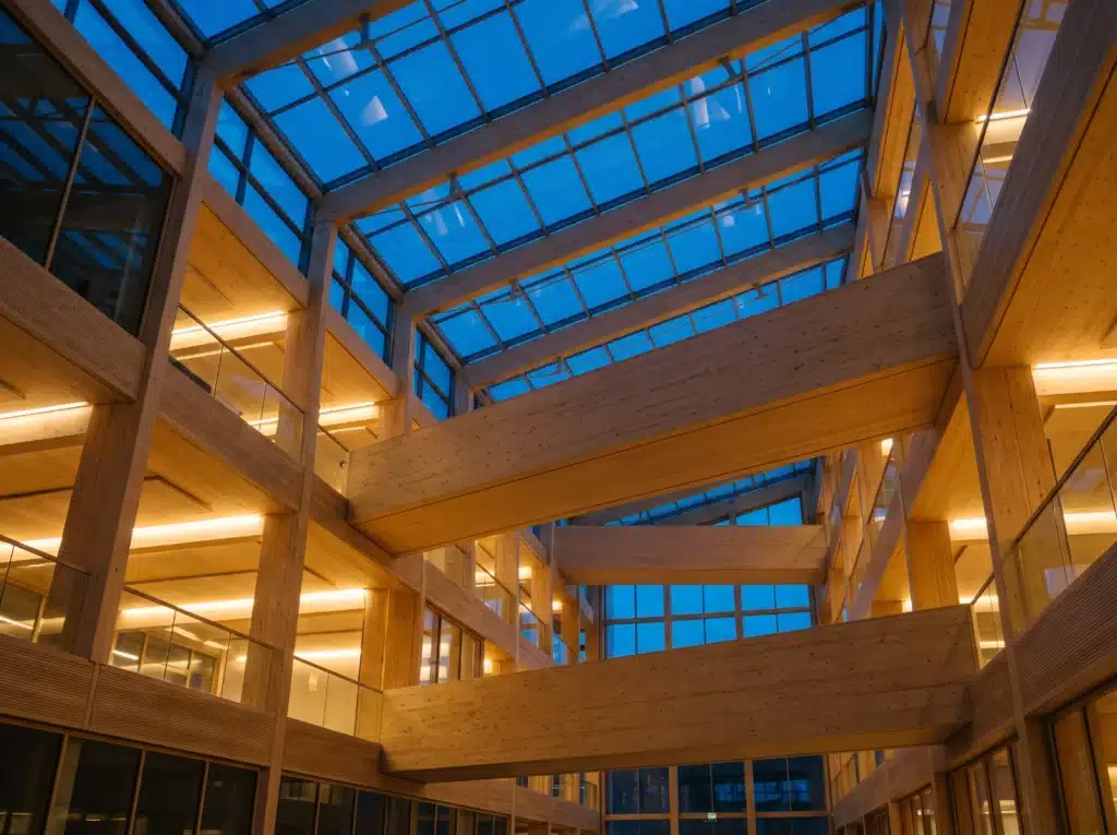 Atrium en verre et bois d'un campus technologique contemporain au crépuscule