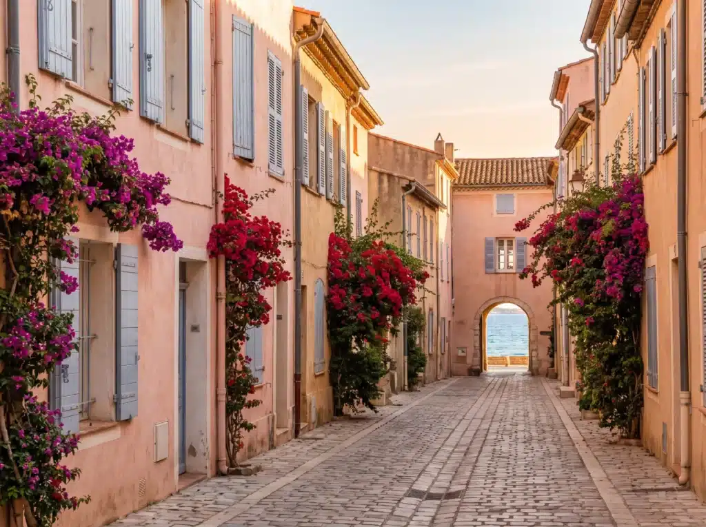 Ruelle pastel de Saint-Tropez fleurie de bougainvilliers, avec la mer en perspective
