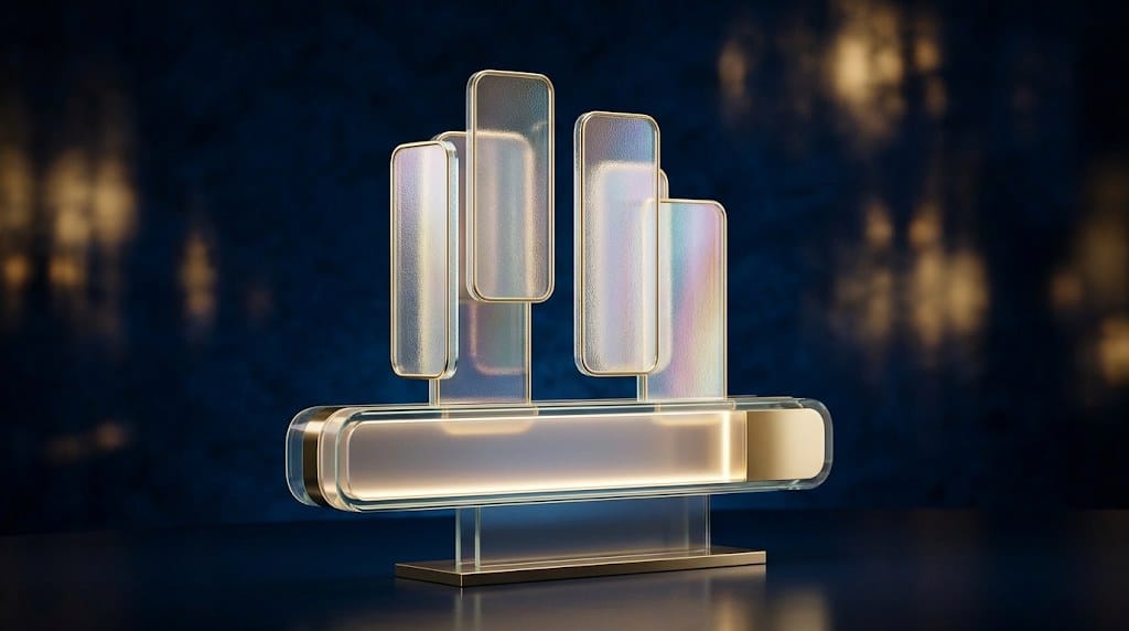Sculpture abstraite en verre poli et laiton doré : une barre de recherche lumineuse d'où s'élèvent des écrans verticaux translucides, sur fond bleu nuit, illustrant le social search sur TikTok, Instagram et YouTube pour les marques premium
