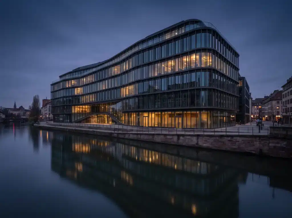 Bâtiment contemporain en verre se reflétant dans l'Ill à Strasbourg à l'heure bleue