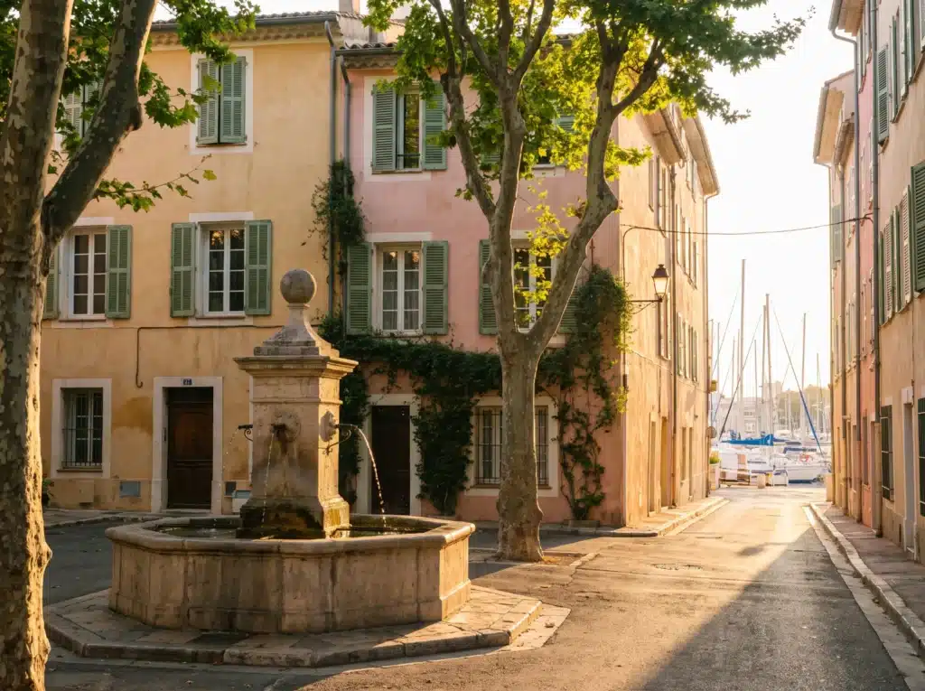 Placette provençale de la vieille ville de Toulon, fontaine et façades colorées, mâts du port au loin