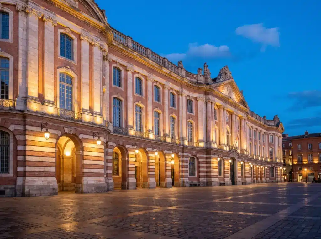 Façade du Capitole de Toulouse en brique rose illuminée à l'heure bleue